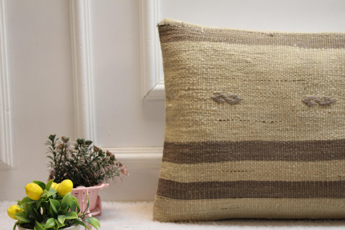 Handmade Kilim Lumbar Pillow Cover: Boho Beige Brown Woven Rug, 16x24 inch