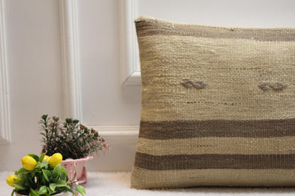 Handmade Kilim Lumbar Pillow Cover: Boho Beige Brown Woven Rug, 16x24 inch