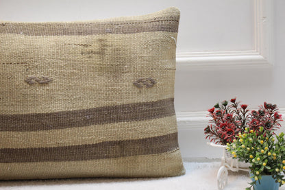 Handmade Kilim Lumbar Pillow Cover: Boho Beige Brown Woven Rug, 16x24 inch