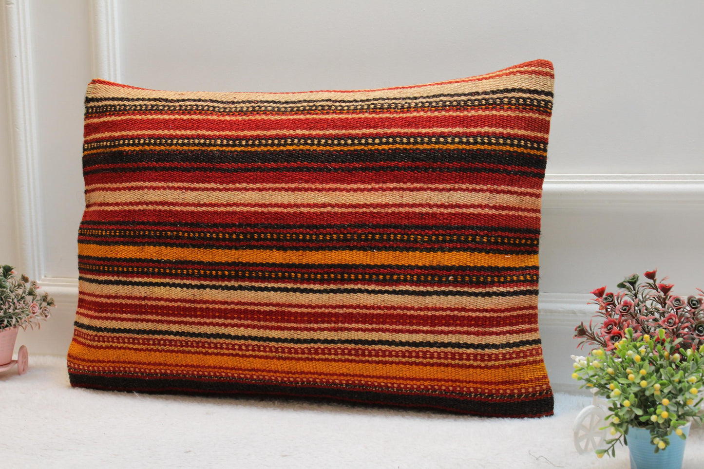 Striped Kilim Pillow Cover: Vintage Turkish Wool, 16x24 inch