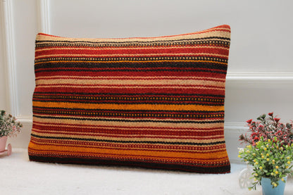 Striped Kilim Pillow Cover: Vintage Turkish Wool, 16x24 inch