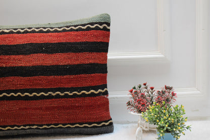 Red Kilim Pillow Cover: Striped Woven Rug, Bohemian Decor (16x24 inch)