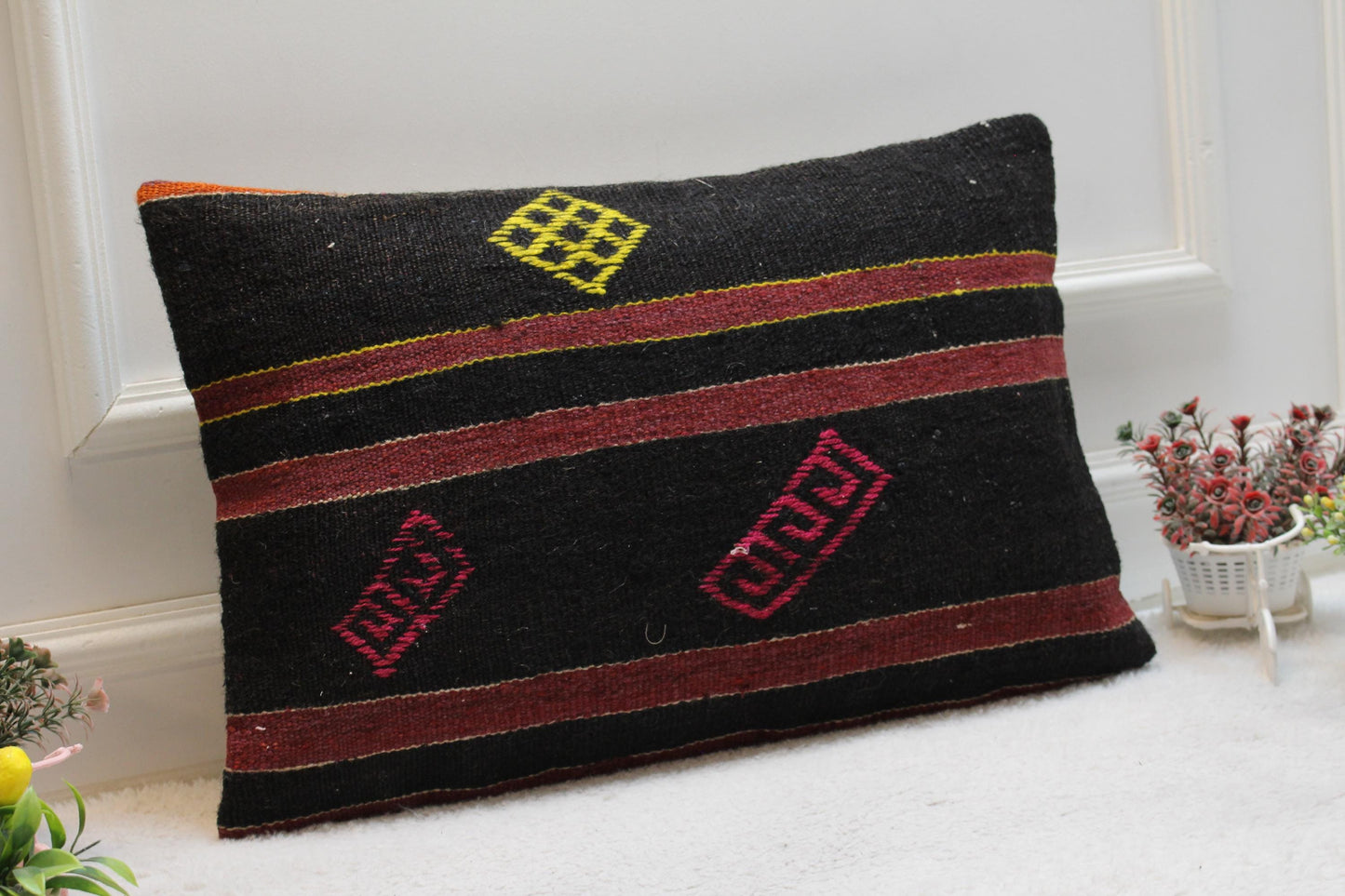 Black Kilim Pillow Cover (16x24 in): Handmade Vintage Woven Rug