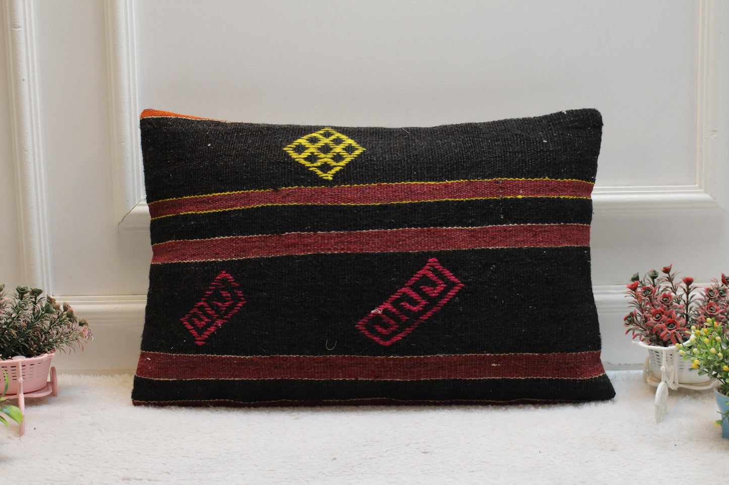 Black Kilim Pillow Cover (16x24 in): Handmade Vintage Woven Rug