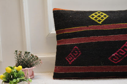 Black Kilim Pillow Cover (16x24 in): Handmade Vintage Woven Rug