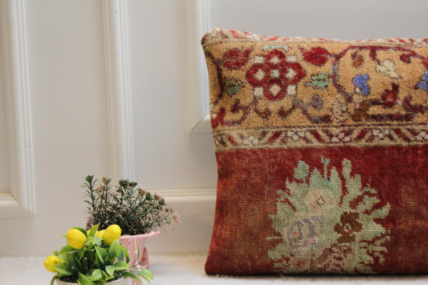 Red Turkish Rug Pillow Cover: Vintage Lumbar Pillow, 16x24 inc