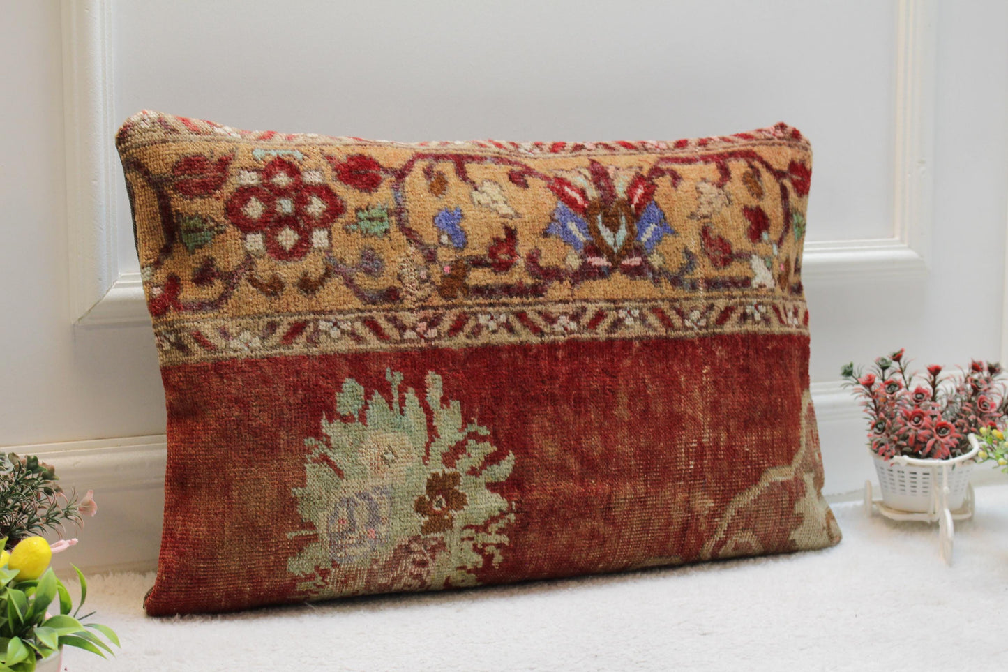 Red Turkish Rug Pillow Cover: Vintage Lumbar Pillow, 16x24 inc