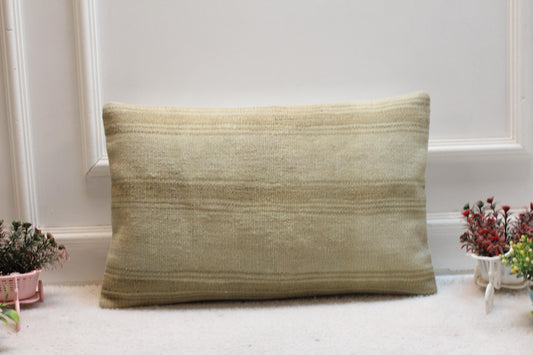 Beige Kilim Lumbar Pillow Cover: Vintage Boho Bedroom Decor (16x24 in)