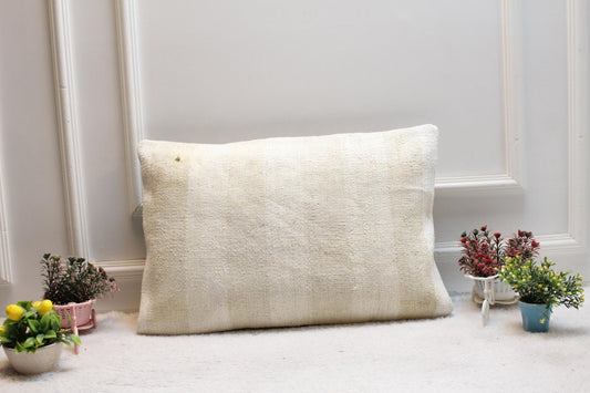 Handmade Kilim Pillow Cover: Upcycled Woven Rug, Beige Brown (16x24 inc)