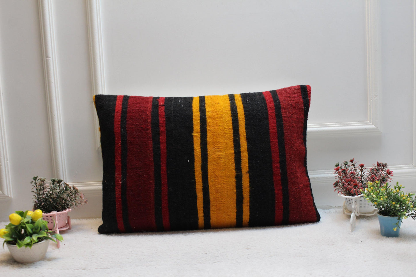 Striped Kilim Lumbar Pillow Cover: Vintage Turkish Rug, 16x24 inch