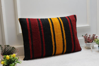 Striped Kilim Lumbar Pillow Cover: Vintage Turkish Rug, 16x24 inch