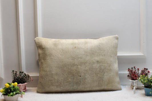 White Turkish Kilim Lumbar Pillow Cover: Vintage Rug Pillow, 16x24 inch