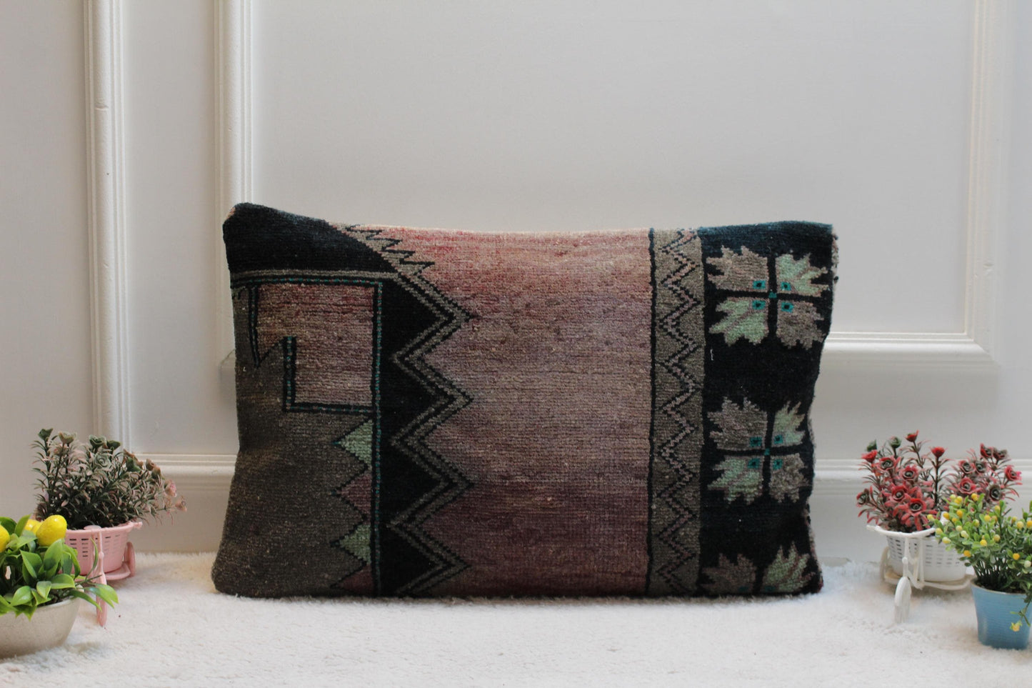 Handmade Kilim Pillow Cover: Purple & Black Boho Rug Pillow (16x24 in)