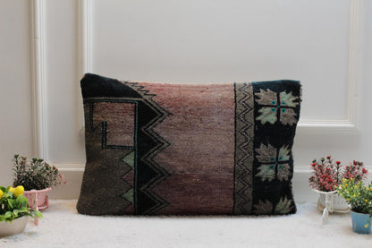 Handmade Kilim Pillow Cover: Purple & Black Boho Rug Pillow (16x24 in)