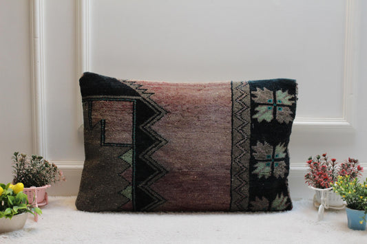 Handmade Kilim Pillow Cover: Purple & Black Boho Rug Pillow (16x24 in)