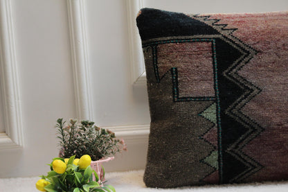 Handmade Kilim Pillow Cover: Purple & Black Boho Rug Pillow (16x24 in)