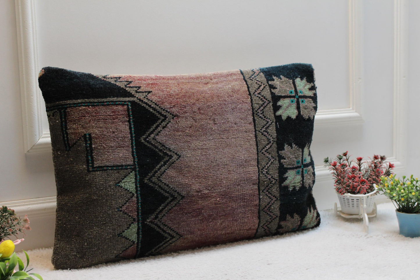Handmade Kilim Pillow Cover: Purple & Black Boho Rug Pillow (16x24 in)