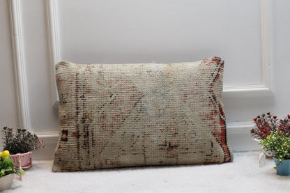 Vintage Turkish Kilim Lumbar Pillow Cover: Red Beige Woven Rug, 16x24 in