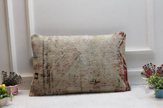 Vintage Turkish Kilim Lumbar Pillow Cover: Red Beige Woven Rug, 16x24 in