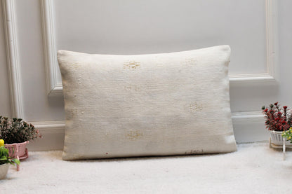 Handmade White Kilim Lumbar Pillow Cover: Boho Woven Rug, 16x24 inch