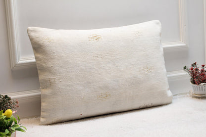 Handmade White Kilim Lumbar Pillow Cover: Boho Woven Rug, 16x24 inch