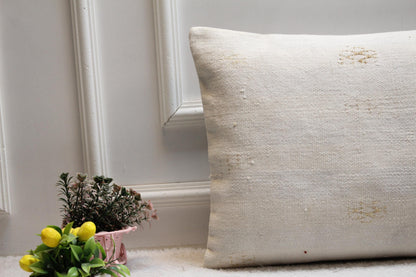 Handmade White Kilim Lumbar Pillow Cover: Boho Woven Rug, 16x24 inch