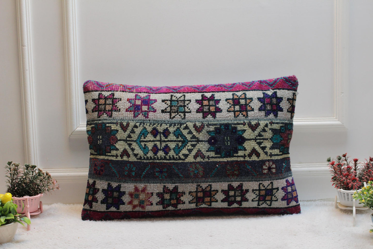 Handmade Turkish Kilim Lumbar Pillow Cover: Vintage Rainbow Rug, 16x24 inc
