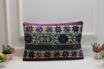 Handmade Turkish Kilim Lumbar Pillow Cover: Vintage Rainbow Rug, 16x24 inc