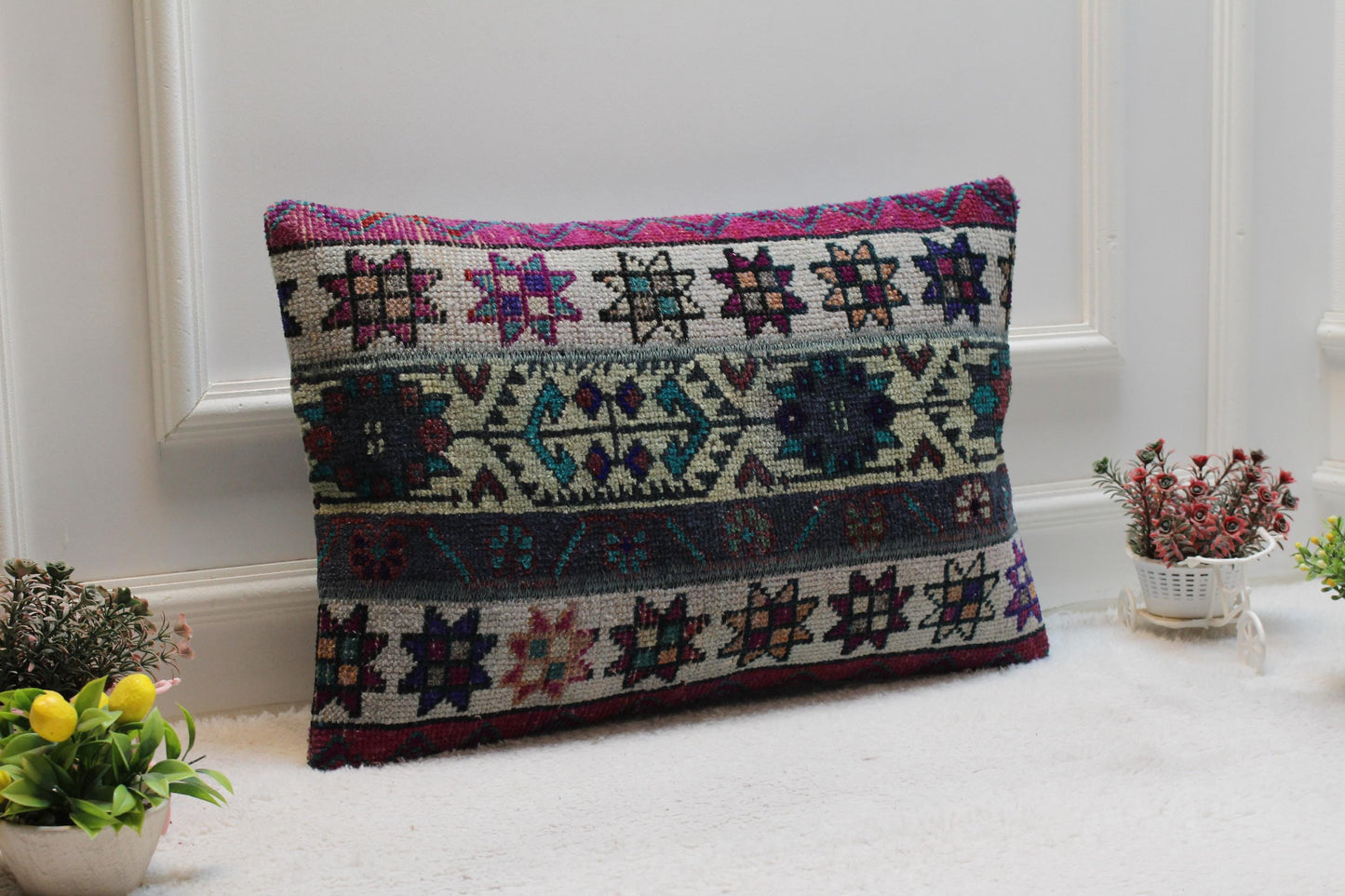 Handmade Turkish Kilim Lumbar Pillow Cover: Vintage Rainbow Rug, 16x24 inc