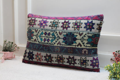 Handmade Turkish Kilim Lumbar Pillow Cover: Vintage Rainbow Rug, 16x24 inc