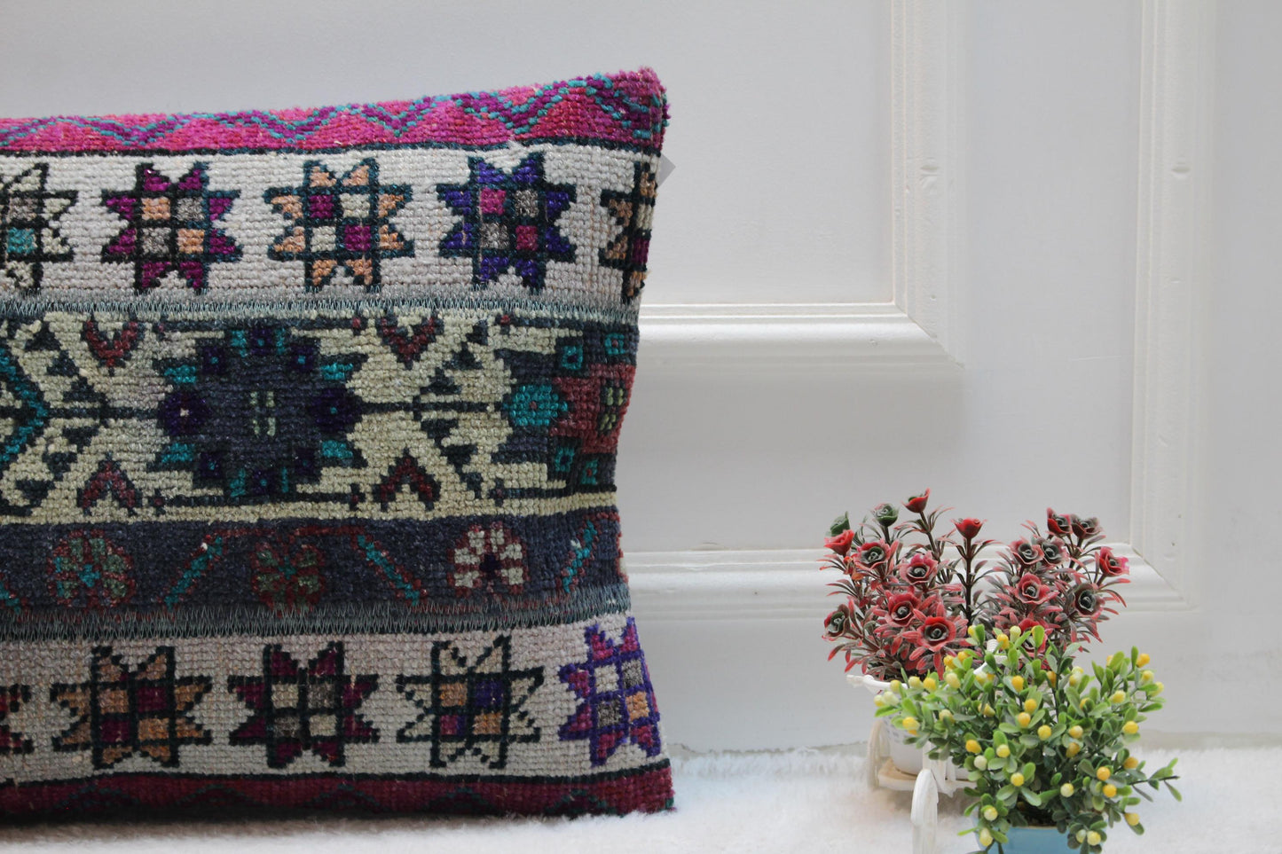 Handmade Turkish Kilim Lumbar Pillow Cover: Vintage Rainbow Rug, 16x24 inc