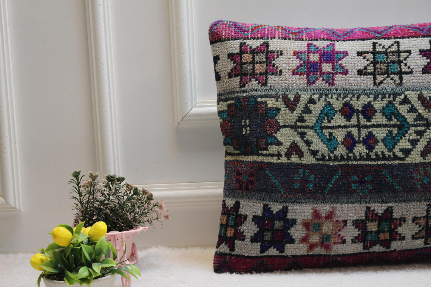 Handmade Turkish Kilim Lumbar Pillow Cover: Vintage Rainbow Rug, 16x24 inc
