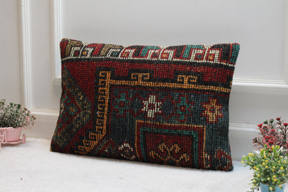 Geometric Kilim Pillow Cover: Red & Black Turkish Rug, 16x24 inch