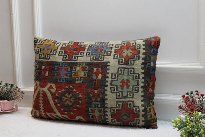 Geometric Kilim Pillow Cover: Handmade Upcycled Woven Rug, 16x24 inch