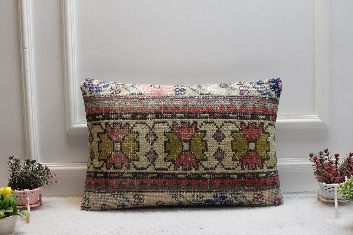 Handmade Kilim Lumbar Pillow Cover: Organic Wool Boho Design (16x24 inch)