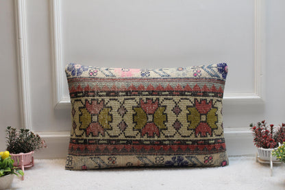 Handmade Kilim Lumbar Pillow Cover: Organic Wool Boho Design (16x24 inch)