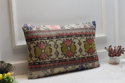 Handmade Kilim Lumbar Pillow Cover: Organic Wool Boho Design (16x24 inch)