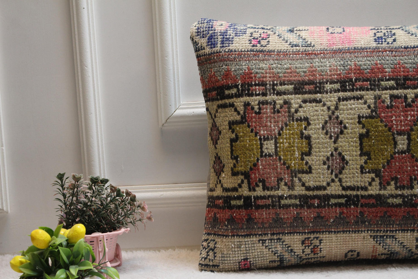 Handmade Kilim Lumbar Pillow Cover: Organic Wool Boho Design (16x24 inch)