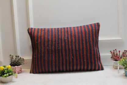 Striped Kilim Lumbar Pillow Cover: Vintage Woven Rug, 16x24 inch