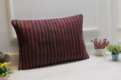 Striped Kilim Lumbar Pillow Cover: Vintage Woven Rug, 16x24 inch