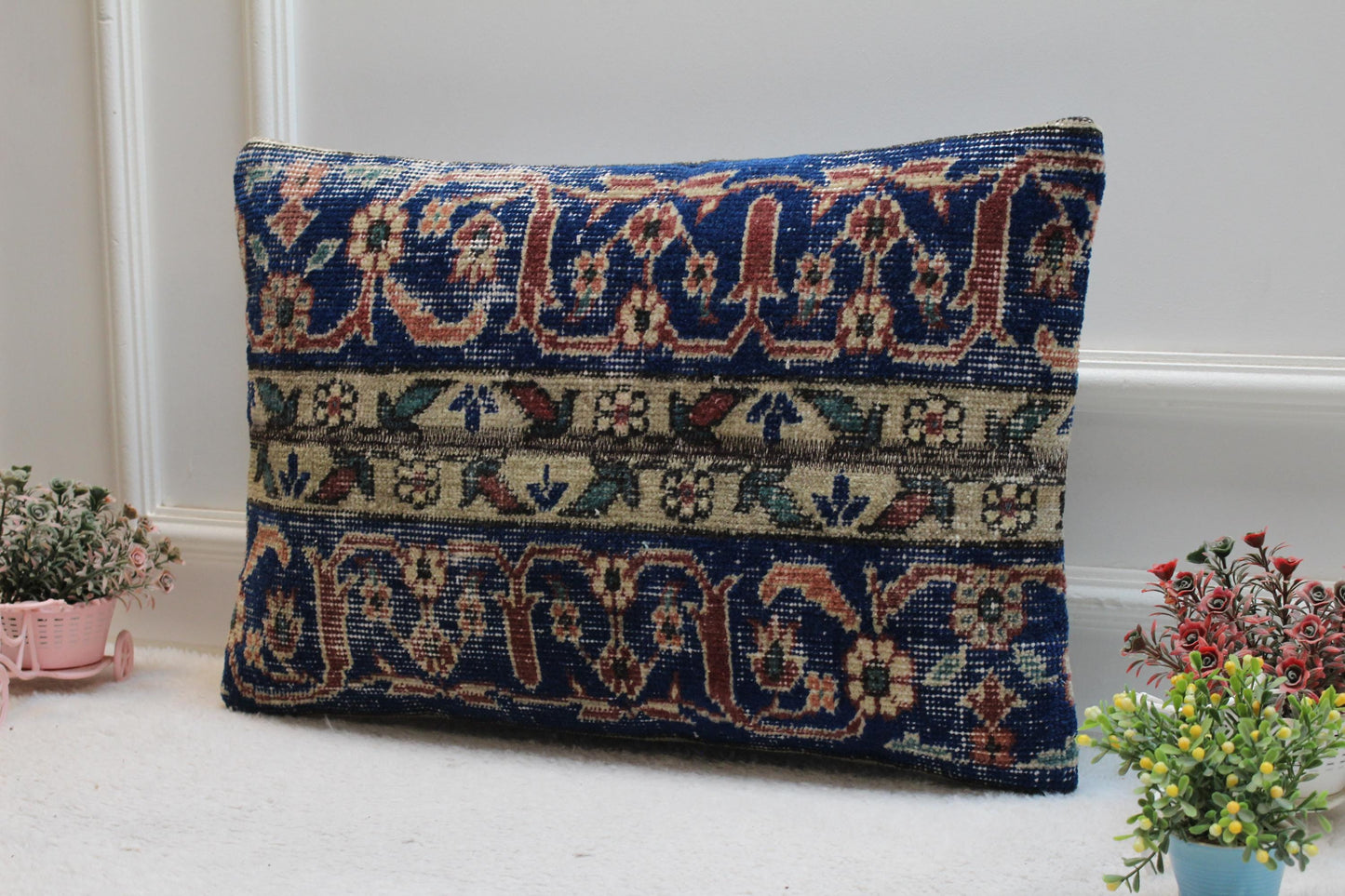 Handmade Kilim Pillow Cover: Upcycled Woven Rug, Boho Decor (16x24 inc)