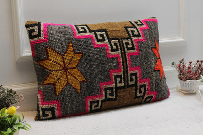 Handmade Kilim Pillow Cover: Gray Brown Woven Rug, 16x24 inch
