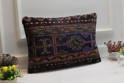 Handmade Turkish Rug Lumbar Pillow Cover: Vintage Woven Design (16x24 in)