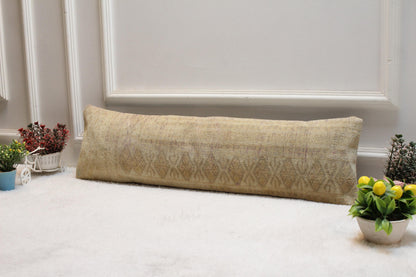 Handmade Turkish Kilim Lumbar Pillow – Creamy Beige Diamond Motif