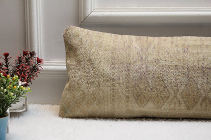Handmade Turkish Kilim Lumbar Pillow – Creamy Beige Diamond Motif