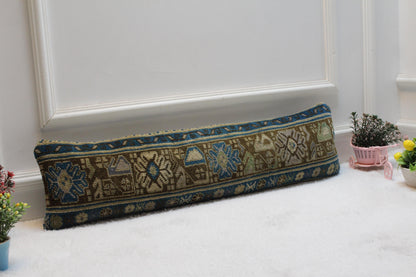 Rustic Kilim Lumbar Pillow – 8x36” Turkish Woven Cushion, Tribal Floral