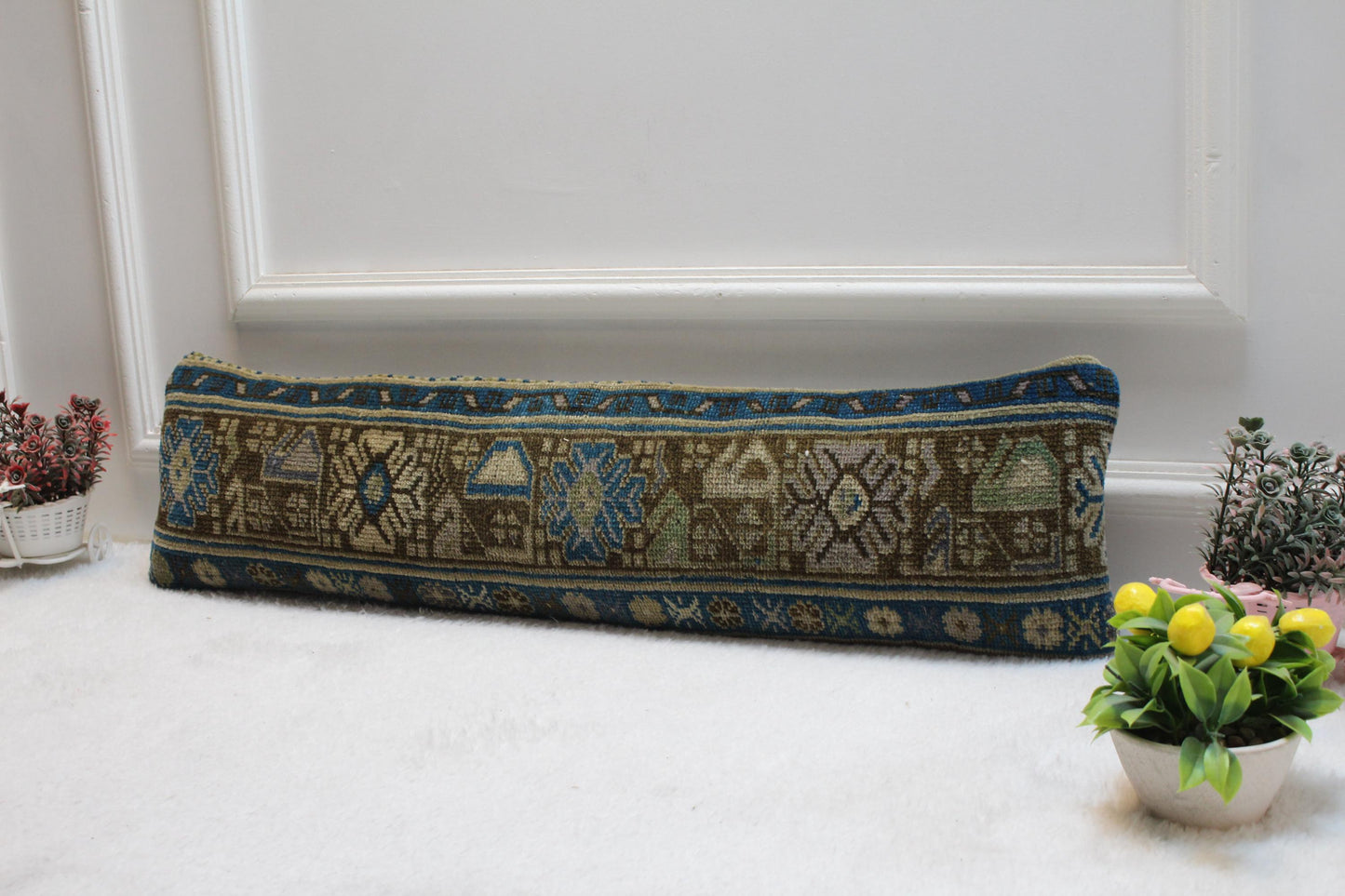 Rustic Kilim Lumbar Pillow – 8x36” Turkish Woven Cushion, Tribal Floral