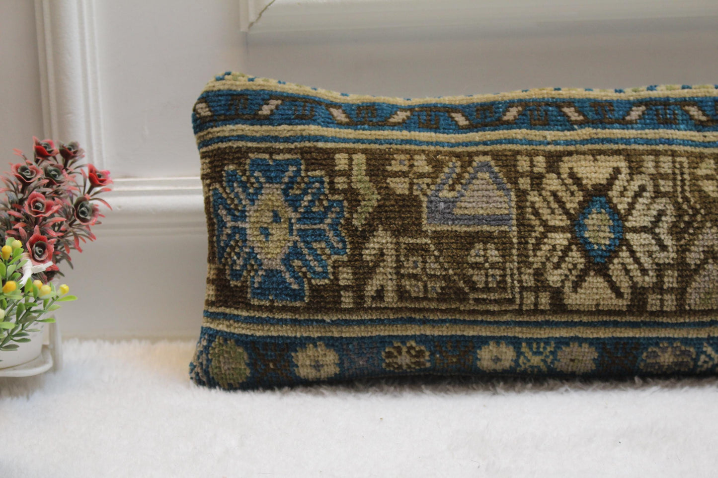 Rustic Kilim Lumbar Pillow – 8x36” Turkish Woven Cushion, Tribal Floral