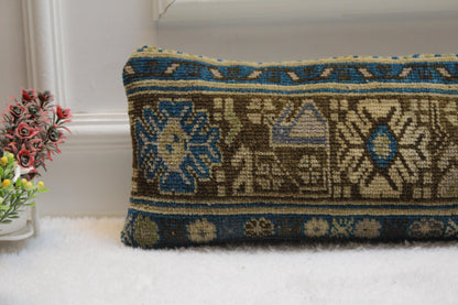 Rustic Kilim Lumbar Pillow – 8x36” Turkish Woven Cushion, Tribal Floral