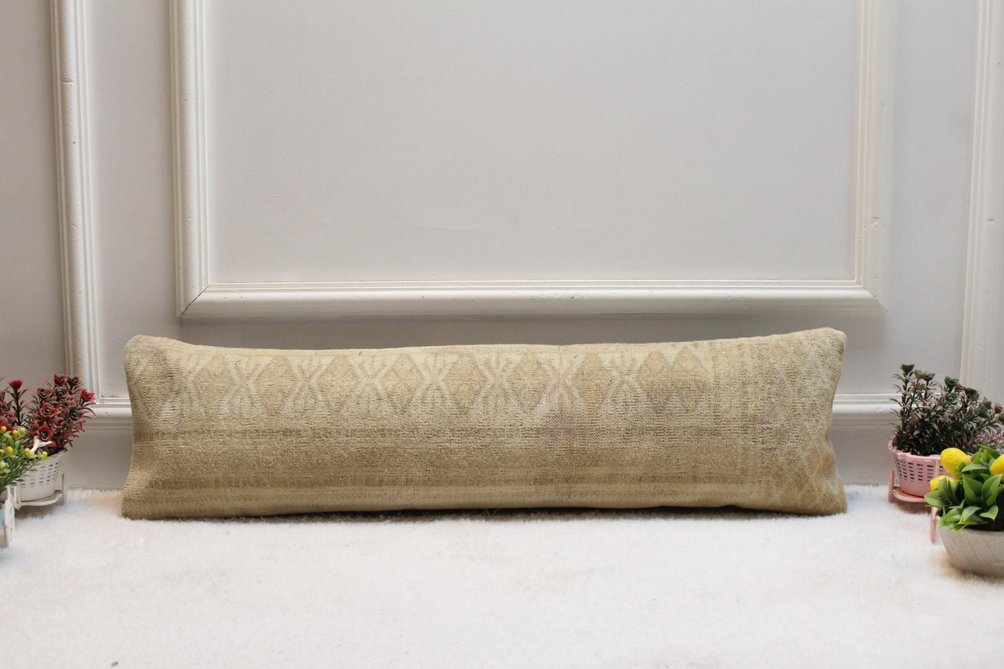 Handmade Beige Kilim Lumbar Pillow Cover – Turkish Tribal Print 8x36”